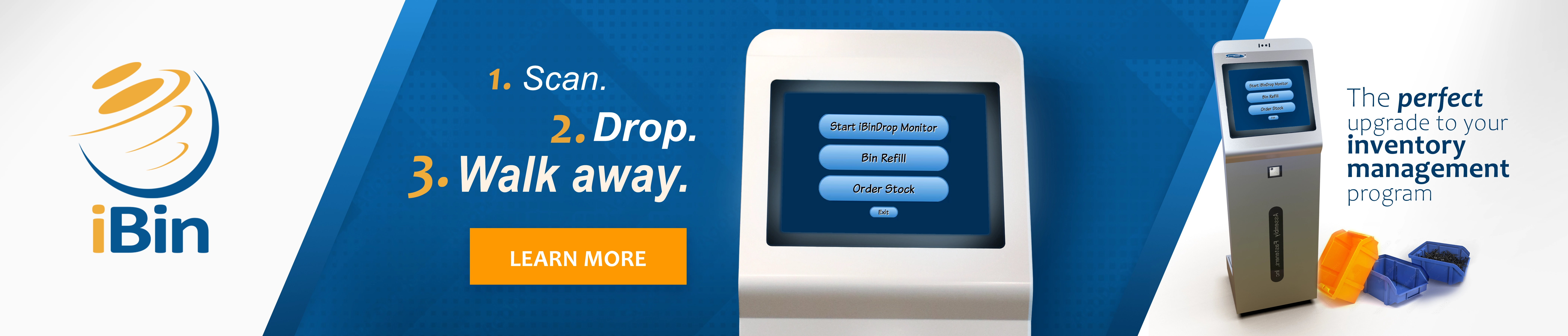 This is an image displaying AFI's patented iBin kiosk along with the text - Scan, Drop, Walk Away